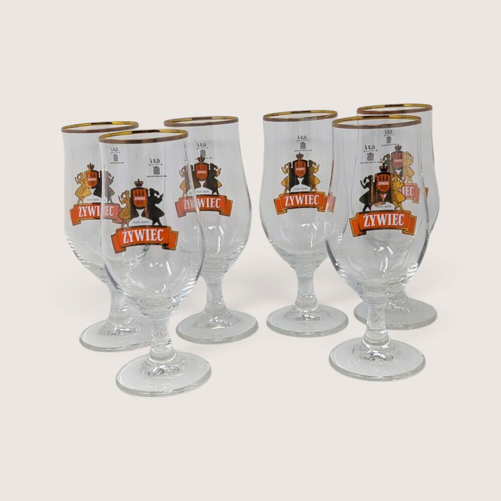Vintage Ritzenhoff Cristal Zywiec Beer Glass Set 6 Gold Rim Stemmed Chalice